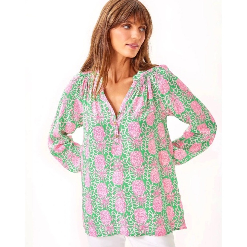 Lilly Pulitzer Elsa Silk Top XXL Party Like A Pineapple Green Pink Blouse NEW
